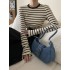 Contrast Color Striped Long Sleeves Skinny Round-Neck T-Shirts Tops