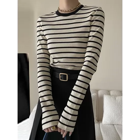 Contrast Color Striped Long Sleeves Skinny Round-Neck T-Shirts Tops