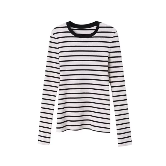 Contrast Color Striped Long Sleeves Skinny Round-Neck T-Shirts Tops