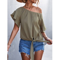 Elasticity Falbala Pleated Solid Color Tied Loose Short Sleeves Round-Neck T-Shirts Tops