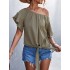 Elasticity Falbala Pleated Solid Color Tied Loose Short Sleeves Round-Neck T-Shirts Tops