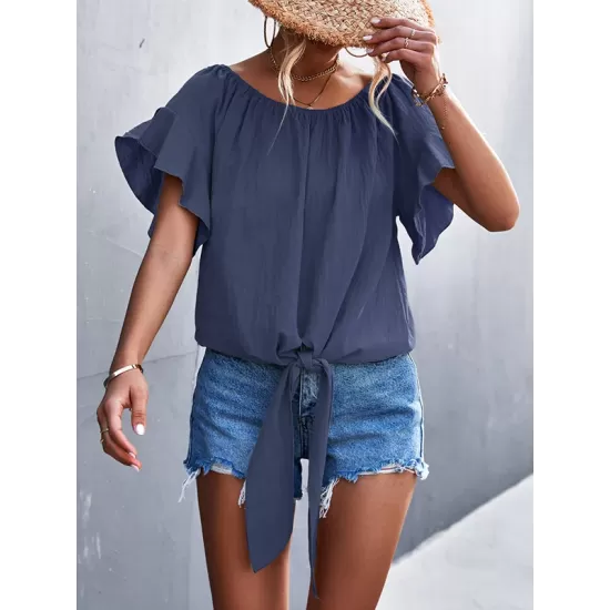 Elasticity Falbala Pleated Solid Color Tied Loose Short Sleeves Round-Neck T-Shirts Tops