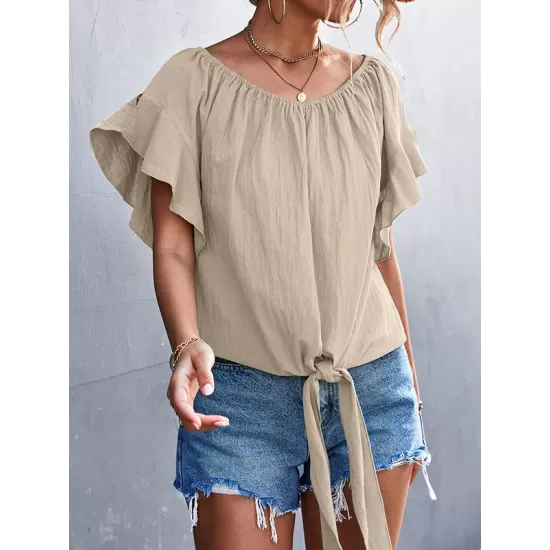 Elasticity Falbala Pleated Solid Color Tied Loose Short Sleeves Round-Neck T-Shirts Tops