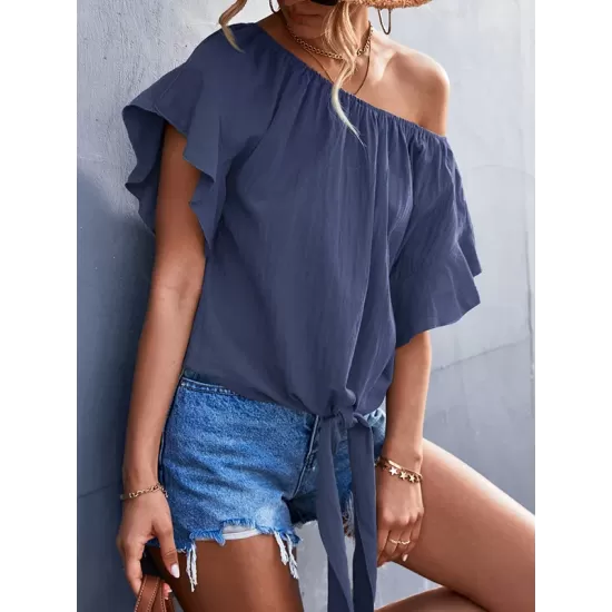 Elasticity Falbala Pleated Solid Color Tied Loose Short Sleeves Round-Neck T-Shirts Tops