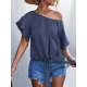 Elasticity Falbala Pleated Solid Color Tied Loose Short Sleeves Round-Neck T-Shirts Tops