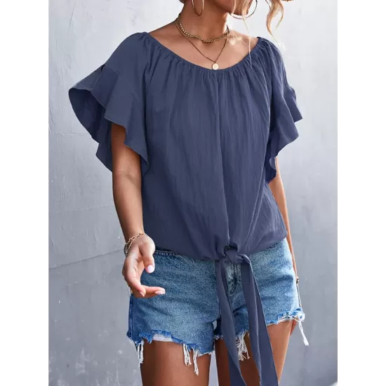 Elasticity Falbala Pleated Solid Color Tied Loose Short Sleeves Round-Neck T-Shirts Tops