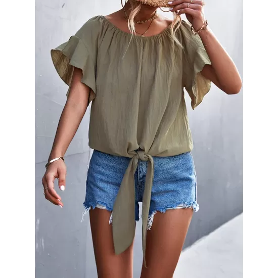 Elasticity Falbala Pleated Solid Color Tied Loose Short Sleeves Round-Neck T-Shirts Tops