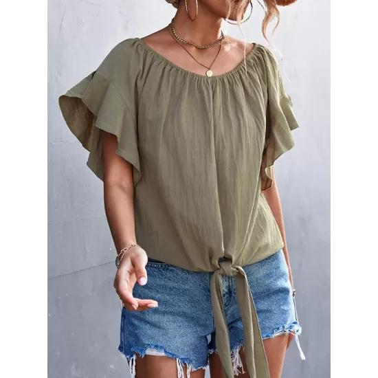 Elasticity Falbala Pleated Solid Color Tied Loose Short Sleeves Round-Neck T-Shirts Tops