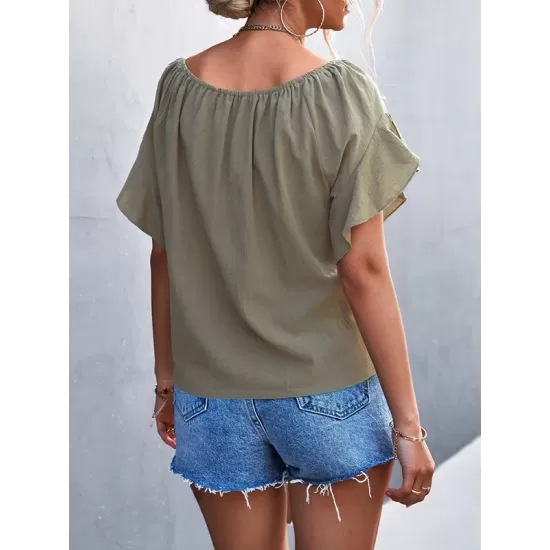 Elasticity Falbala Pleated Solid Color Tied Loose Short Sleeves Round-Neck T-Shirts Tops