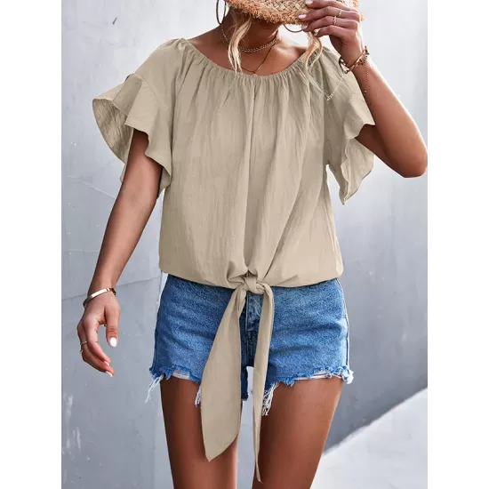 Elasticity Falbala Pleated Solid Color Tied Loose Short Sleeves Round-Neck T-Shirts Tops