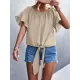 Elasticity Falbala Pleated Solid Color Tied Loose Short Sleeves Round-Neck T-Shirts Tops