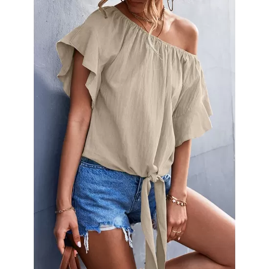 Elasticity Falbala Pleated Solid Color Tied Loose Short Sleeves Round-Neck T-Shirts Tops