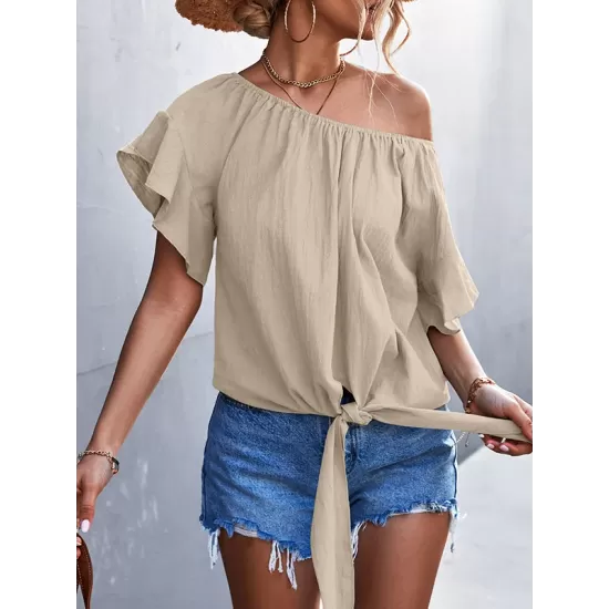 Elasticity Falbala Pleated Solid Color Tied Loose Short Sleeves Round-Neck T-Shirts Tops