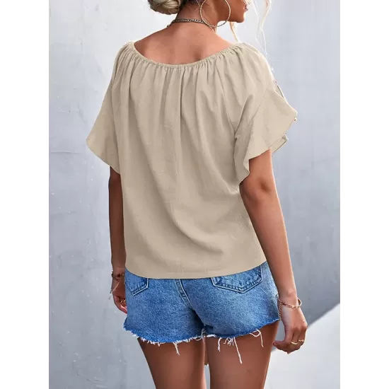 Elasticity Falbala Pleated Solid Color Tied Loose Short Sleeves Round-Neck T-Shirts Tops