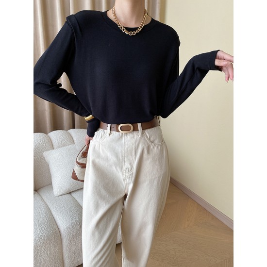 Solid Color Split-Joint Long Sleeves Round-Neck T-Shirts Tops