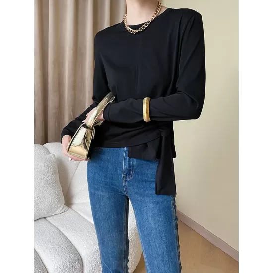 Asymmetric Bowknot Solid Color Long Sleeves Round-Neck T-Shirts Tops