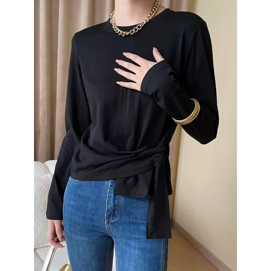 Asymmetric Bowknot Solid Color Long Sleeves Round-Neck T-Shirts Tops