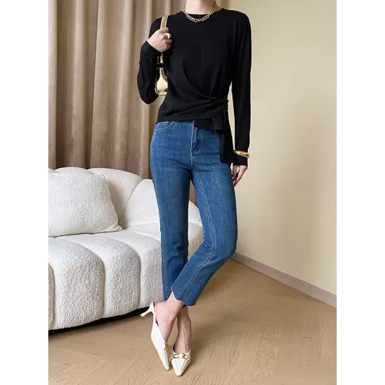 Asymmetric Bowknot Solid Color Long Sleeves Round-Neck T-Shirts Tops