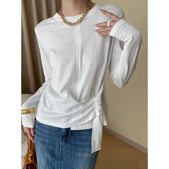 Asymmetric Bowknot Solid Color Long Sleeves Round-Neck T-Shirts Tops