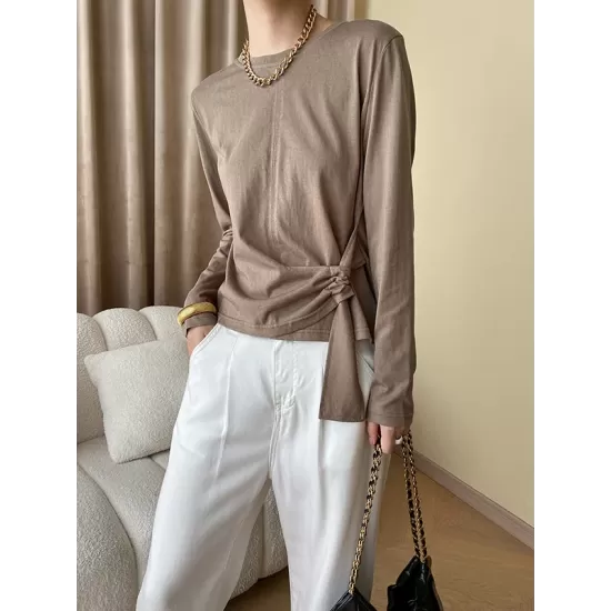 Asymmetric Bowknot Solid Color Long Sleeves Round-Neck T-Shirts Tops