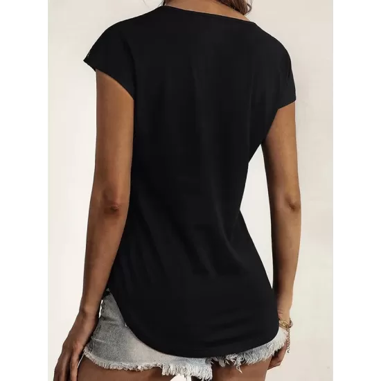 Hollow Solid Color Zipper Short Sleeves Round-Neck T-Shirts Tops