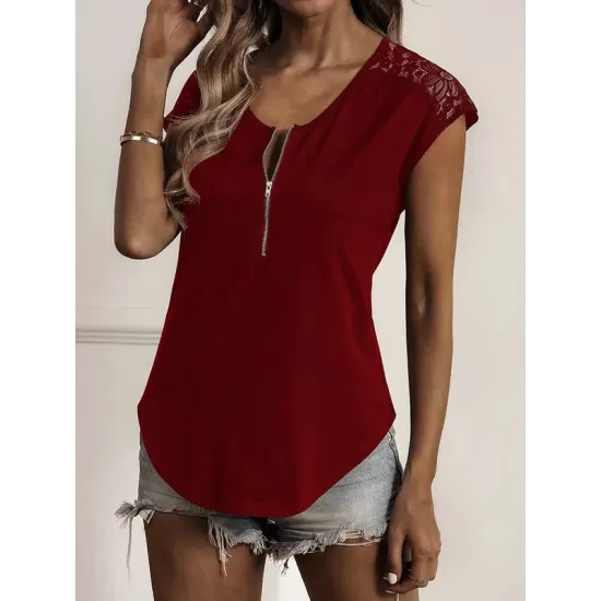 Hollow Solid Color Zipper Short Sleeves Round-Neck T-Shirts Tops