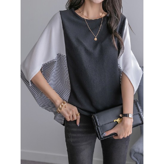 Contrast Color Split-Joint Batwing Sleeves Loose Round-Neck T-Shirts Tops