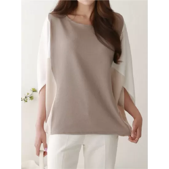 Contrast Color Split-Joint Batwing Sleeves Loose Round-Neck T-Shirts Tops