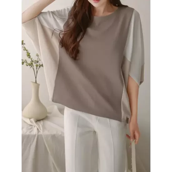 Contrast Color Split-Joint Batwing Sleeves Loose Round-Neck T-Shirts Tops