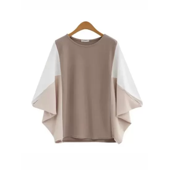 Contrast Color Split-Joint Batwing Sleeves Loose Round-Neck T-Shirts Tops