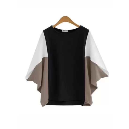 Contrast Color Split-Joint Batwing Sleeves Loose Round-Neck T-Shirts Tops