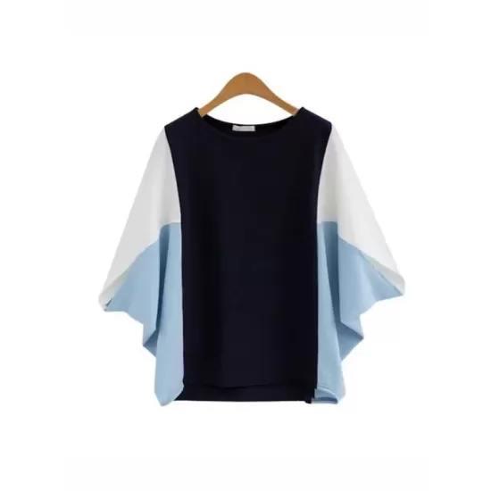 Contrast Color Split-Joint Batwing Sleeves Loose Round-Neck T-Shirts Tops