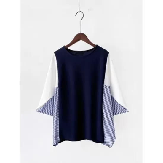 Contrast Color Split-Joint Batwing Sleeves Loose Round-Neck T-Shirts Tops