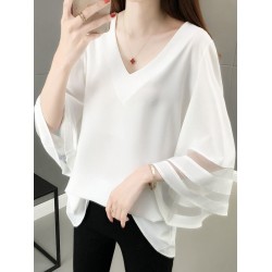 Gauze See-Through Solid Color Split-Joint Long Sleeves Loose V-Neck T-Shirts Tops