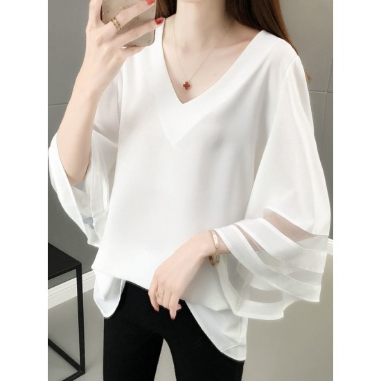 Gauze See-Through Solid Color Split-Joint Long Sleeves Loose V-Neck T-Shirts Tops