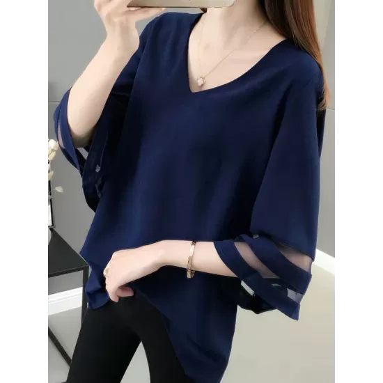 Gauze See-Through Solid Color Split-Joint Long Sleeves Loose V-Neck T-Shirts Tops