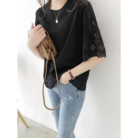 Hollow Solid Color Split-Joint Half Sleeves Loose Round-Neck T-Shirts Tops