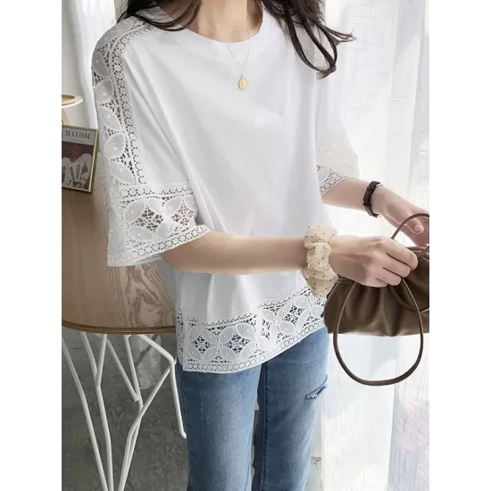 Hollow Solid Color Split-Joint Half Sleeves Loose Round-Neck T-Shirts Tops