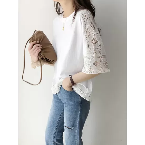 Hollow Solid Color Split-Joint Half Sleeves Loose Round-Neck T-Shirts Tops