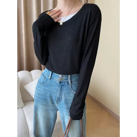 Asymmetric Split-Joint False Two Long Sleeves Round-Neck T-Shirts Tops