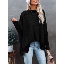 Solid Color Split-side Long Sleeves Loose Boat Neck T-shirts