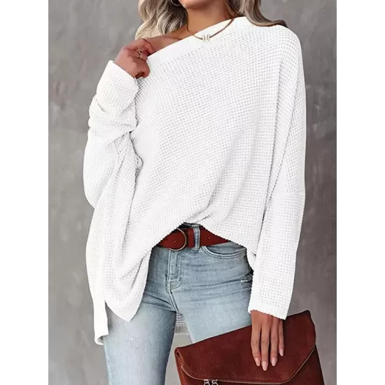 Solid Color Split-side Long Sleeves Loose Boat Neck T-shirts