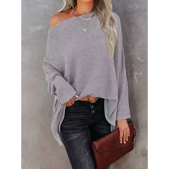 Solid Color Split-side Long Sleeves Loose Boat Neck T-shirts