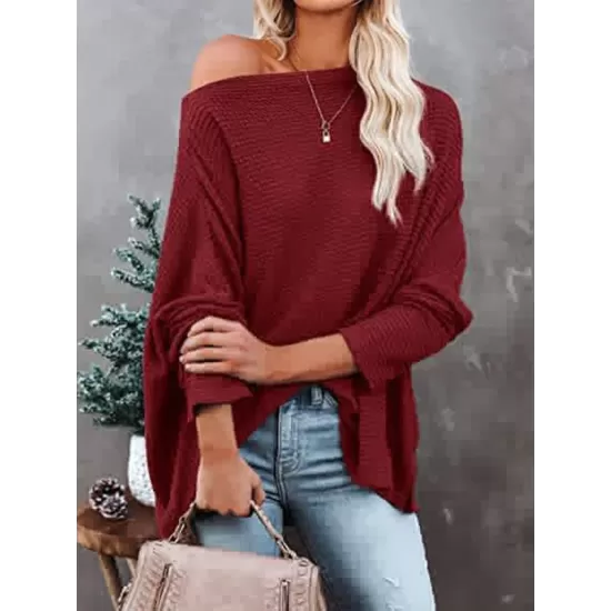 Solid Color Split-side Long Sleeves Loose Boat Neck T-shirts