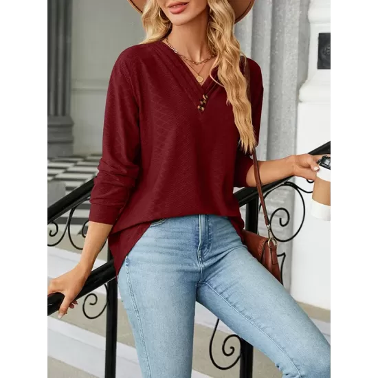 Split-Joint Long Sleeves Loose V-Neck T-Shirts