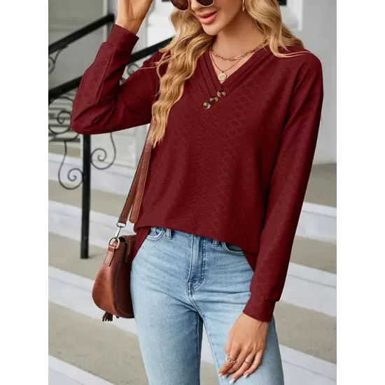 Split-Joint Long Sleeves Loose V-Neck T-Shirts