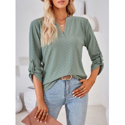 Jacquard Solid Color Loose Three-Quarter Sleeves V-Neck T-Shirts