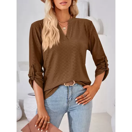 Jacquard Solid Color Loose Three-Quarter Sleeves V-Neck T-Shirts