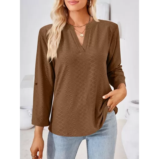 Jacquard Solid Color Loose Three-Quarter Sleeves V-Neck T-Shirts