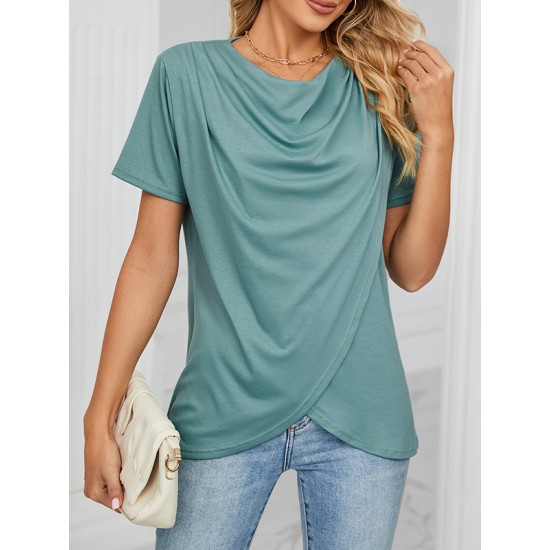 Pleated Solid Color Split-Joint Loose Short Sleeves Round-Neck T-Shirts